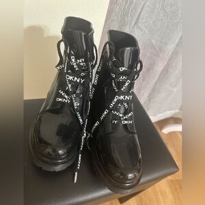 DKNY Glossy Black Lace-Up Boots